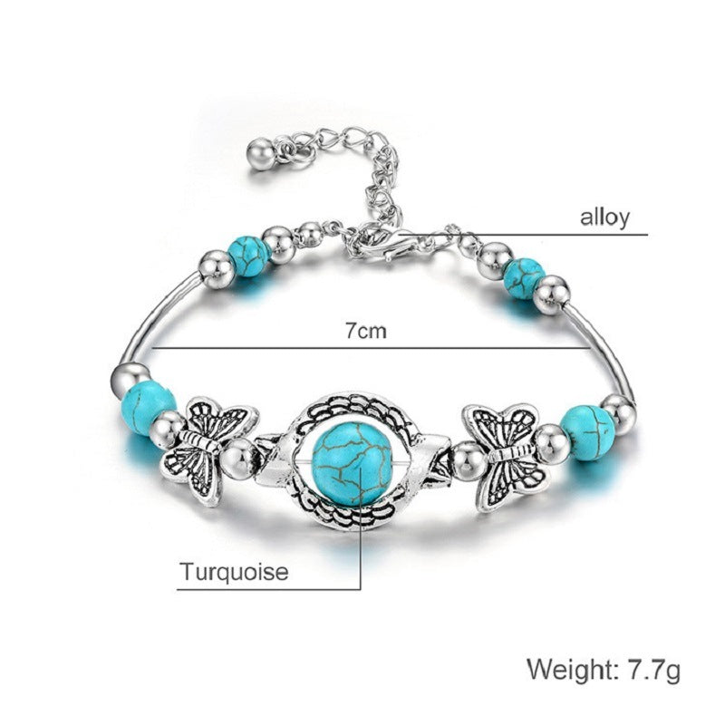 Bohemian Bracelet Turquoise Cracked Resin Ball with Unique Butterfly Carving Beach Jewelry