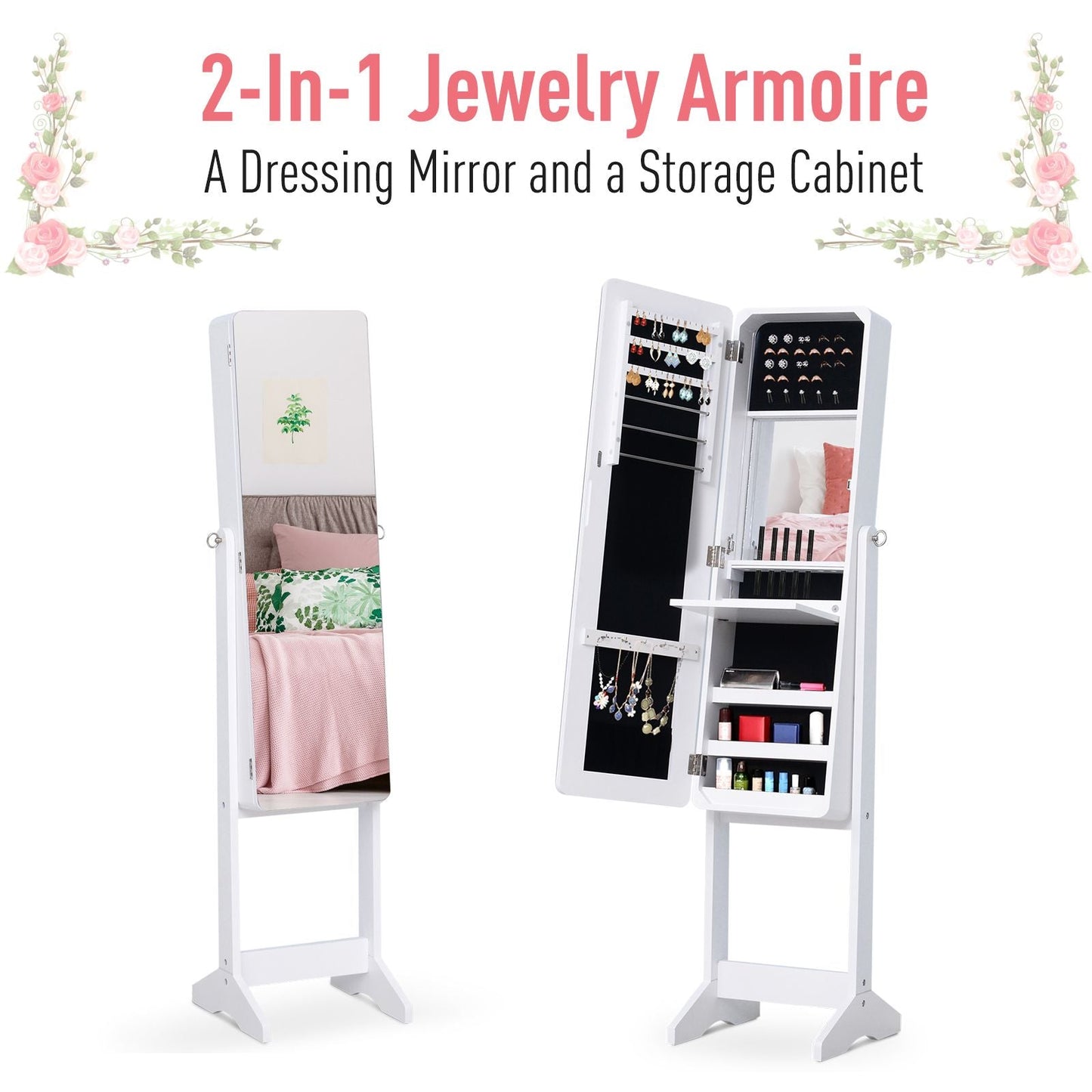 Mirrored Jewelry Armoire LED Lights Freestanding Organizer Adjustable Angle Lockable Cabinet White