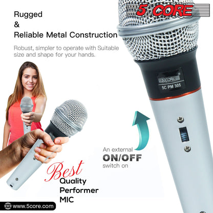 5 Core Microphone Wired Dynamic Vocal Handheld Mic Cardioid Karaoke Unidirectional Microfono w On and Off Switch Includes XLR Audio Cable for Singing, Public Speaking & Parties PM 305