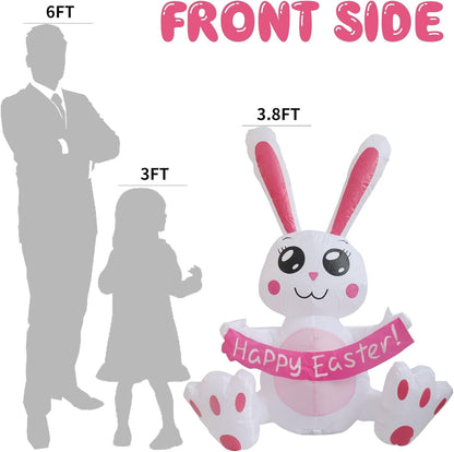 3.8 FT Easter Inflatable Cute Bunny Outdoor Decorations, Easter Blow up Banner Bunny Yard Decorations Build-in Flashing LED Lights, Decorate Outdoor Indoor Garden Lawn Yard.