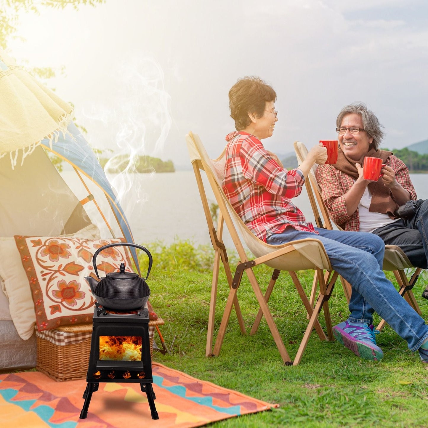 Portable Camping Stove with Detachable Iron Panels Black 27x27x34cm Lightweight Foldable Outdoor Wood Burning Fire Pit for Picnic BBQ Hiking Backpacking Compact Campfire Cooking Heater