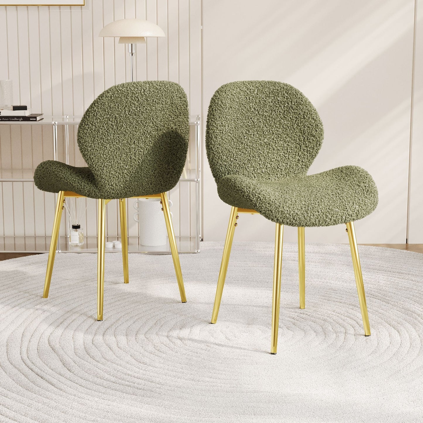 Modern minimalist white teddy velvet Dining Chairs Set of 2 with sturdy gold metal legs and comfortable backrest design, suitable for restaurants, kitchens, and offices.