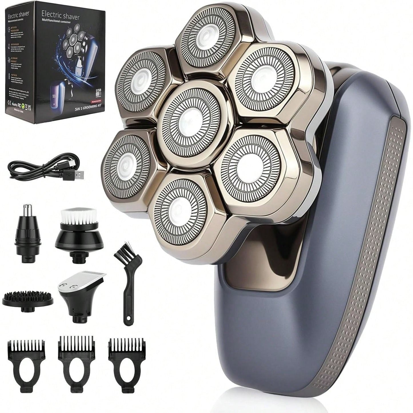 Head Shaver for Bald Men, 7D Electric Rotary Razor 5-in-1 Grooming Kit with Nose Hair Trimmer, Sideburn Clipper & Facial Brush, USB Rechargeable Wet & Dry IPX6 Waterproof Shaver with LED Display