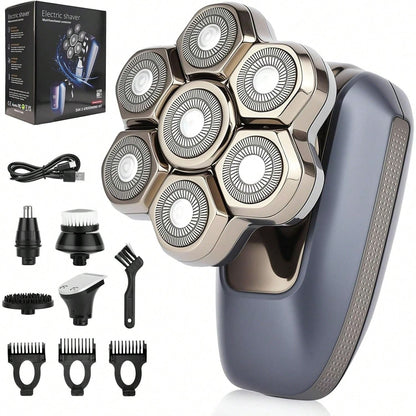 Head Shaver for Bald Men, 7D Electric Rotary Razor 5-in-1 Grooming Kit with Nose Hair Trimmer, Sideburn Clipper & Facial Brush, USB Rechargeable Wet & Dry IPX6 Waterproof Shaver with LED Display