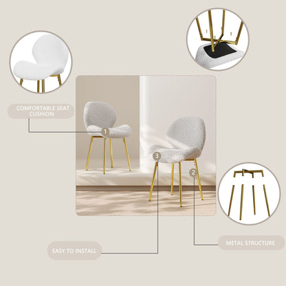 Modern minimalist white teddy velvet Dining Chairs Set of 2 with sturdy gold metal legs and comfortable backrest design, suitable for restaurants, kitchens, and offices.