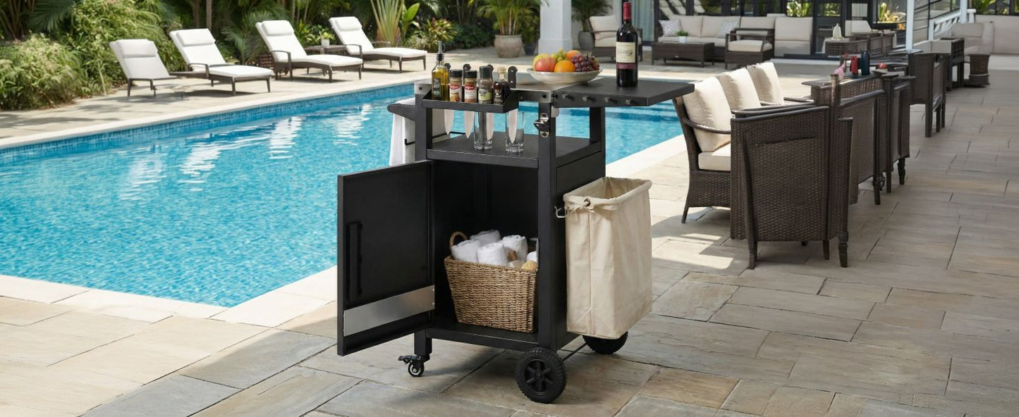 K&K 33.9" Outdoor Grill Cart with Drop Leaf, Outdoor Metal Bar Cart Pizza Oven Table with Wheels, Stainless Steel Top, Outdoor Kitchen Island with Storage Cabinet & Spice & Paper Rack for BBQ, Waterpr
