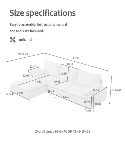 L-Shaped linen sectional sofa with right chaise,Beige
