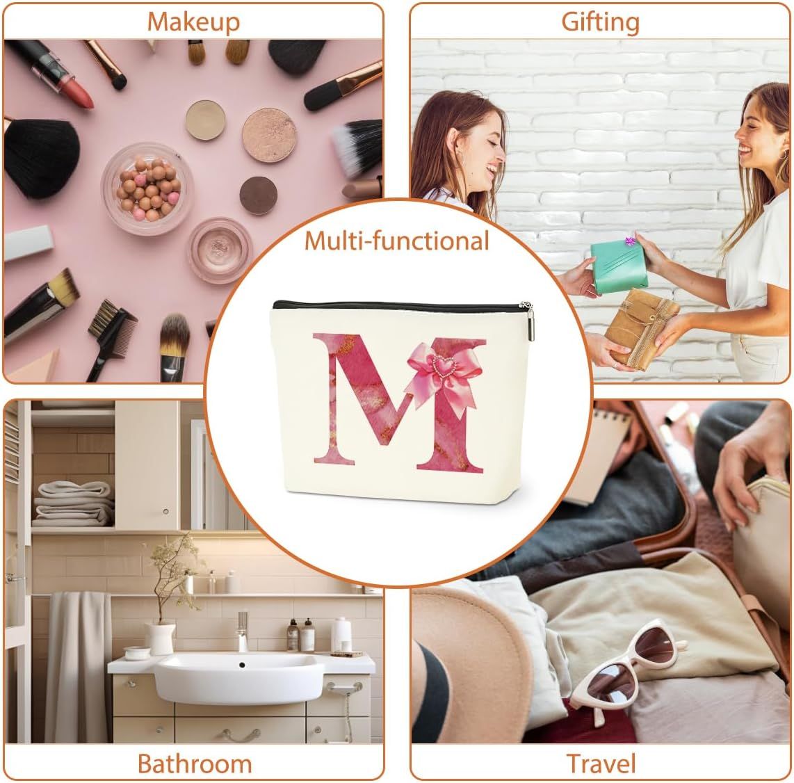 Personalized Initial Makeup Bag, Monogram Bow Travel Toiletry Make Up Bags Cute Preppy Cosmetic Bag Pouch Makeup Organizer Mothers Day Wedding Birthday Gifts for Women Friends Sister Girls Pink M