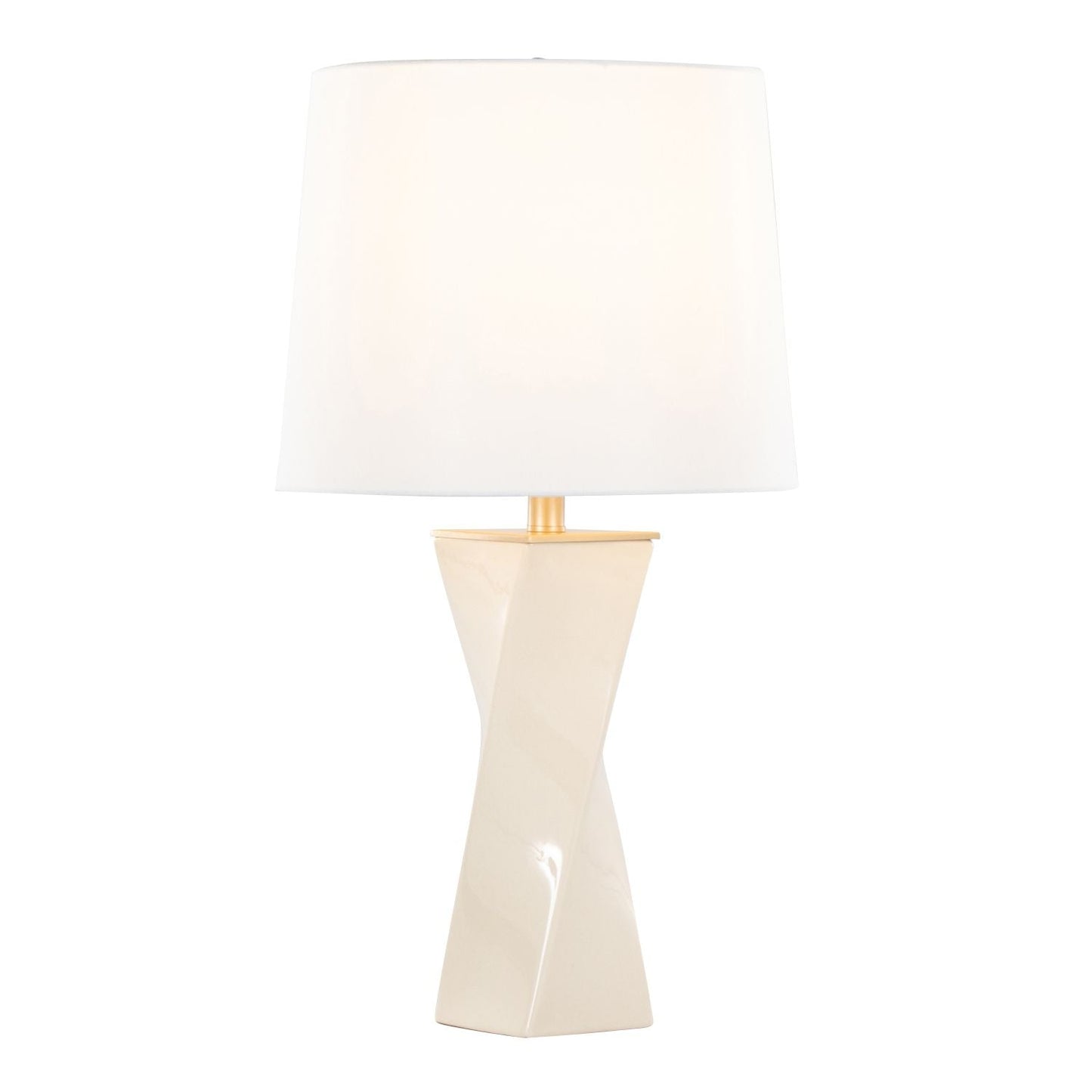 Curvo Square Contemporary 27" Ceramic Table Lamp in Cream Ceramic, Gold Metal, and White Linen by