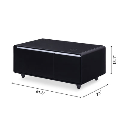 Modern Smart mini Coffee Table with Built in Fridge;  Outlet protection; Wireless charging module; Mechanical temperature control; Power socket; USB interface And power interface.