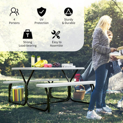 All Weather Outdoor Picnic Table Bench Set with Metal Base Wood