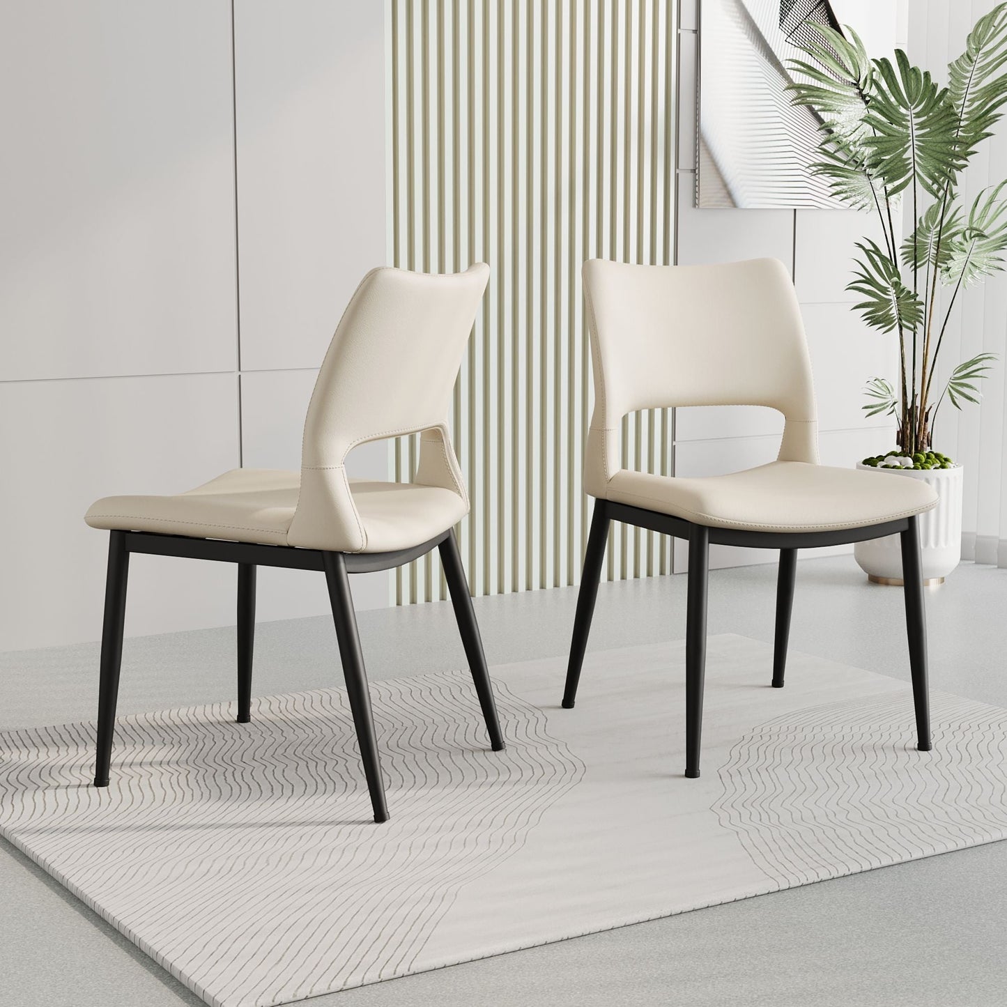 Modern minimalist black PU leather Dining Chairs Set of 2, comfortable backrest design, metal leg support, suitable for restaurants, kitchens, and offices.