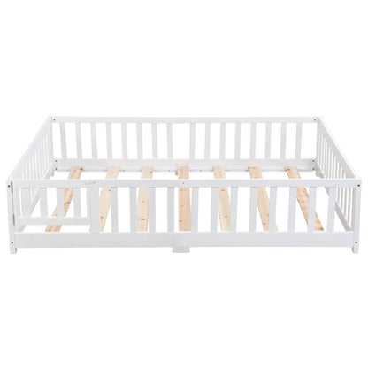 Full Size Floor Bed with Door, Solid Wood Platform Bed Frame with Fence, Suitable for children, Pine Wood