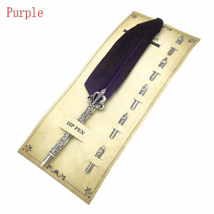 1 Set Vintage Quill Dip Pen Turkey Feather Pen Quill Oblique + 5 Nibs+ Pen Set Gift