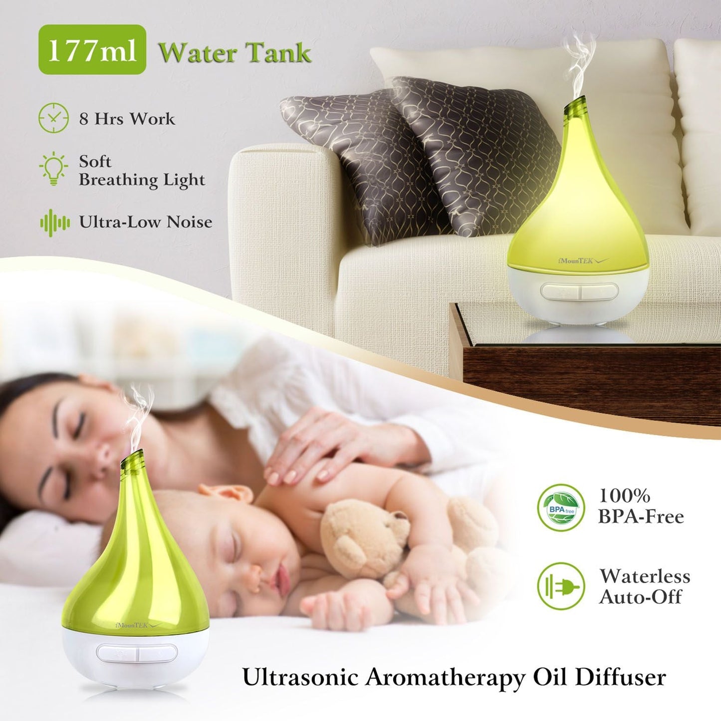 Ultrasonic Cool Mist Humidifier Aroma Essential Oil Diffuser Drop-shaped for Home Office Spa Yoga Room Relax