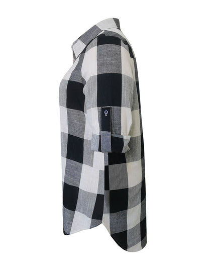 Plus Size Casual Blouse, Women's Plus Gingham Print Button Up Roll Up Sleeve Turn Down Collar Blouse