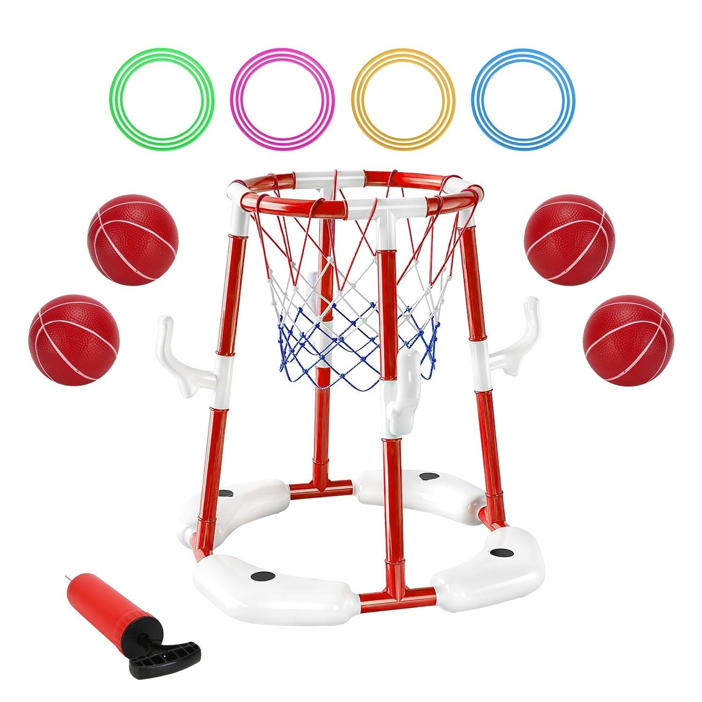Summer Pool Basketball Hoop Toy Set With 4 Basketballs 4 Circles Pump Floating Swimming Pool Basketball Games Poolside Water Play Toy For 3-12Years Old Kids Adults