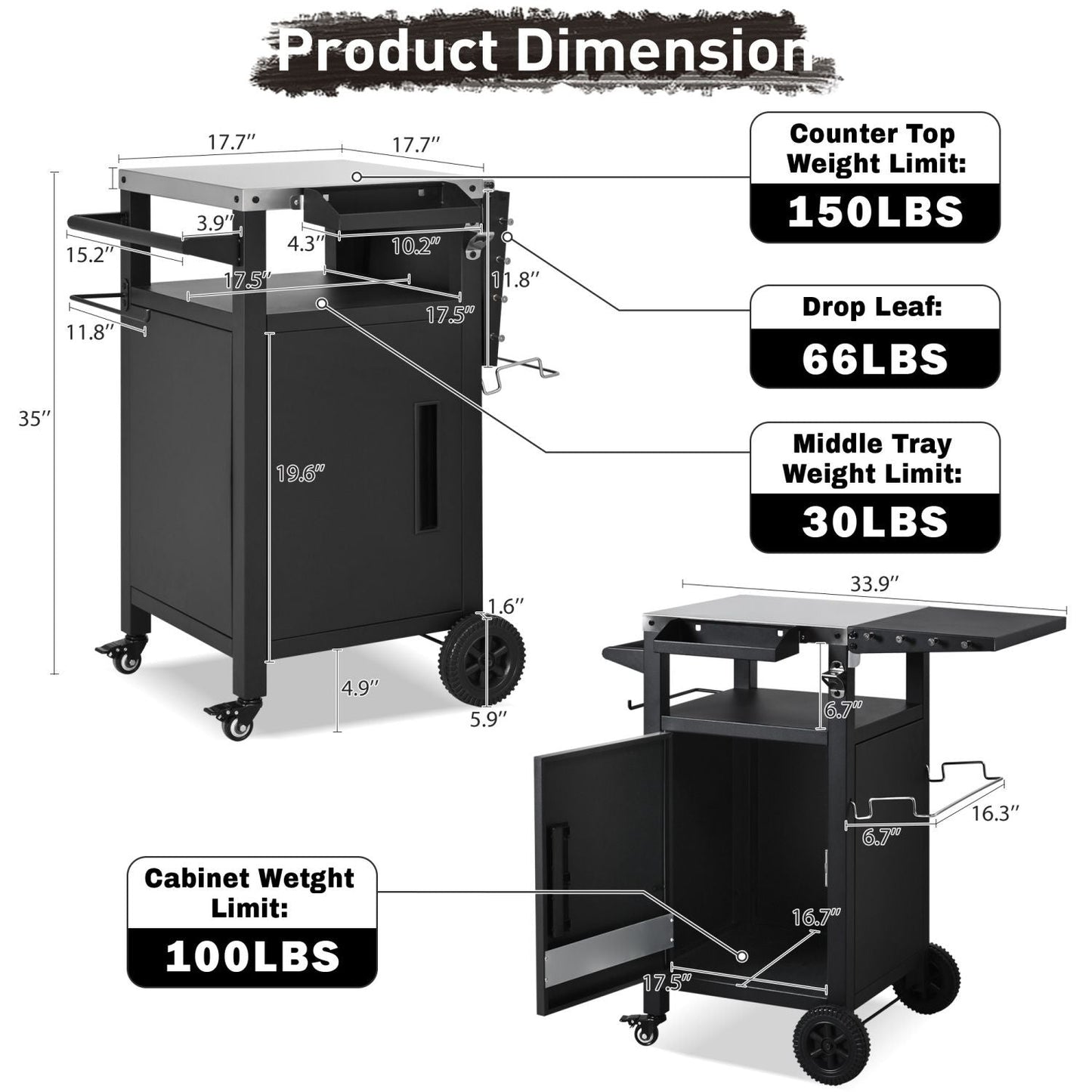 K&K 33.9" Outdoor Grill Cart with Drop Leaf, Outdoor Metal Bar Cart Pizza Oven Table with Wheels, Stainless Steel Top, Outdoor Kitchen Island with Storage Cabinet & Spice & Paper Rack for BBQ, Waterpr