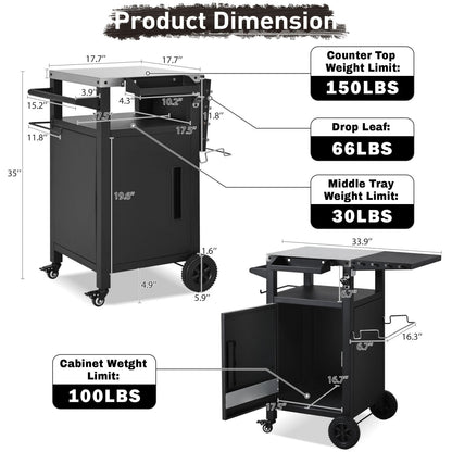 K&K 33.9" Outdoor Grill Cart with Drop Leaf, Outdoor Metal Bar Cart Pizza Oven Table with Wheels, Stainless Steel Top, Outdoor Kitchen Island with Storage Cabinet & Spice & Paper Rack for BBQ, Waterpr