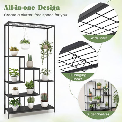 6-Tier Tall Plant Stand 71 Inch Metal Indoor Plant Shelf with 10 Hanging Hooks