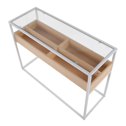 Display Contemporary Console Table in White Metal, Natural Wood, and Clear Glass by
