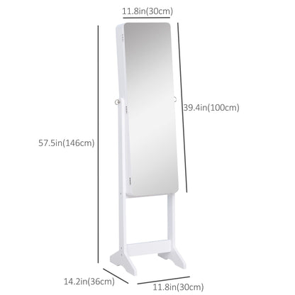 Mirrored Jewelry Armoire LED Lights Freestanding Organizer Adjustable Angle Lockable Cabinet White