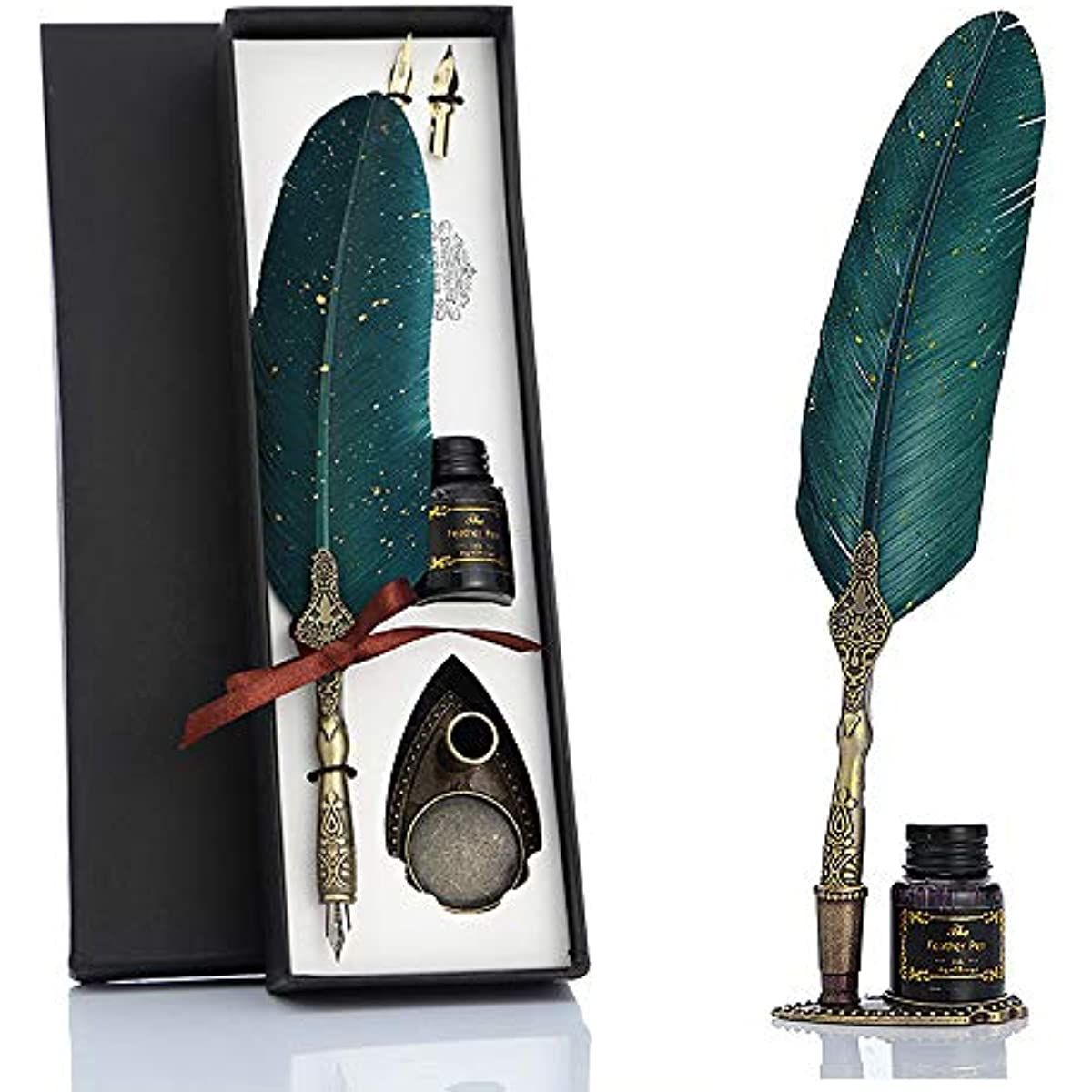Feather Pen And Ink Set, Glittering Quill Pen Set Antique Calligraphy Dip Pen With Ink, 2 Replacement Nibs, Pen Stand Base, Luxury Vintage Signature Pen