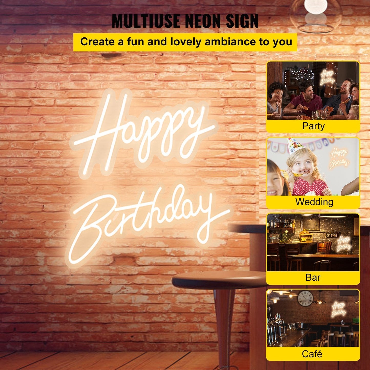 VEVOR Happy Birthday Neon Sign, 18" x 8" & 26" x 7.5" LED Neon Lights Signs, Adjustable Brightness with Dimmer Switch and Power Adapter, Reusable for Party, Club, Celebration and Decoration Warm White