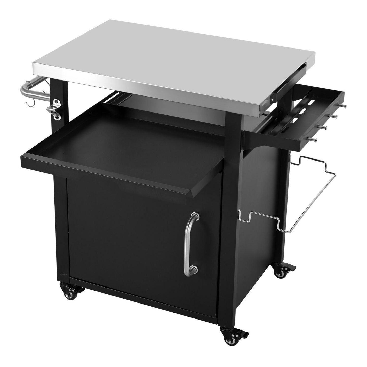 K&K 39.5" Outdoor Grill Cart with Storage Cabinet, Outdoor Bar Cart Pizza Oven Table with Wheels, Stainless Steel Top, Outdoor Kitchen Island with Spice & Paper Rack for BBQ, Waterproof Cover Included