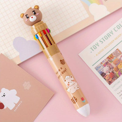 10-color Cartoon Ballpoint Pen Bear Press Color Pen Student Stationery Marker Pen Holiday Small Gift