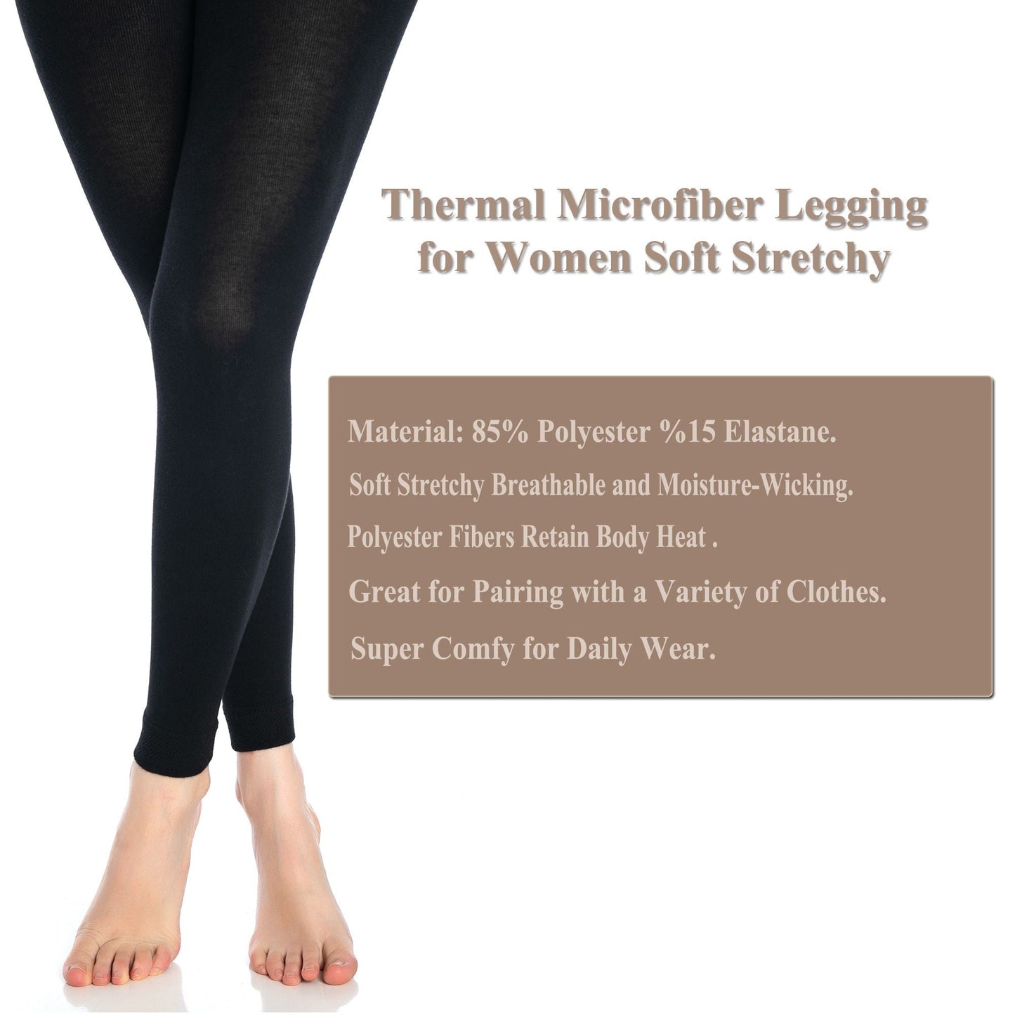 Black Thermal Leggings for Women Microfiber Soft Stretchy Full Winter Warm Tight Leggings