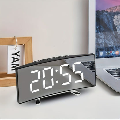 1pc Led Alarm Clock, Mirror Curved Screen, Digital Alarm Clock With Sleep Temperature For Students Bedroom, Living Room, Office And School