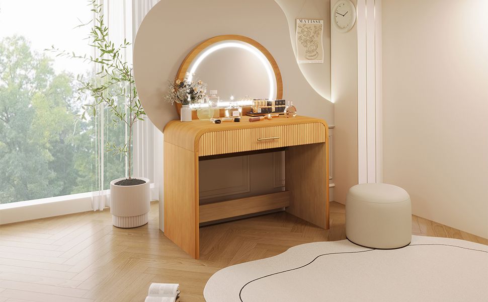 39" Makeup Vanity Table with Mirror Touch Screen Lighted Mirror, Dressing Table with Drawer for Bedroom, Natural
