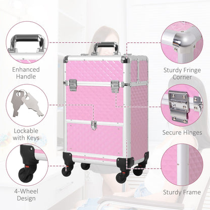 Makeup Train Case Portable Aluminum Rolling Cosmetic Organizer Trolley 4 Wheels Pink Salon Beauty Jewelry Storage