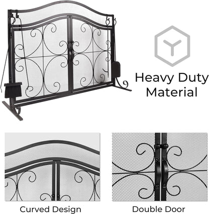 Fireplace Screen,  Metal Fire Place Cover Two-Doors Large Flat Guard Screens, Baby Safe Spark Guard Protector Wood Burning Stove Decorative Accessories