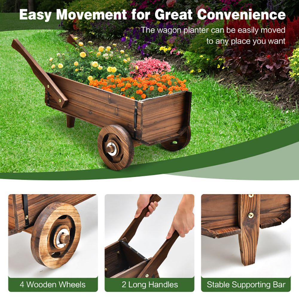 Wooden Wagon Planter Box with Wheels Handles and Drainage Hole