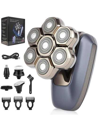 Head Shaver for Bald Men, 7D Electric Rotary Razor 5-in-1 Grooming Kit with Nose Hair Trimmer, Sideburn Clipper & Facial Brush, USB Rechargeable Wet & Dry IPX6 Waterproof Shaver with LED Display
