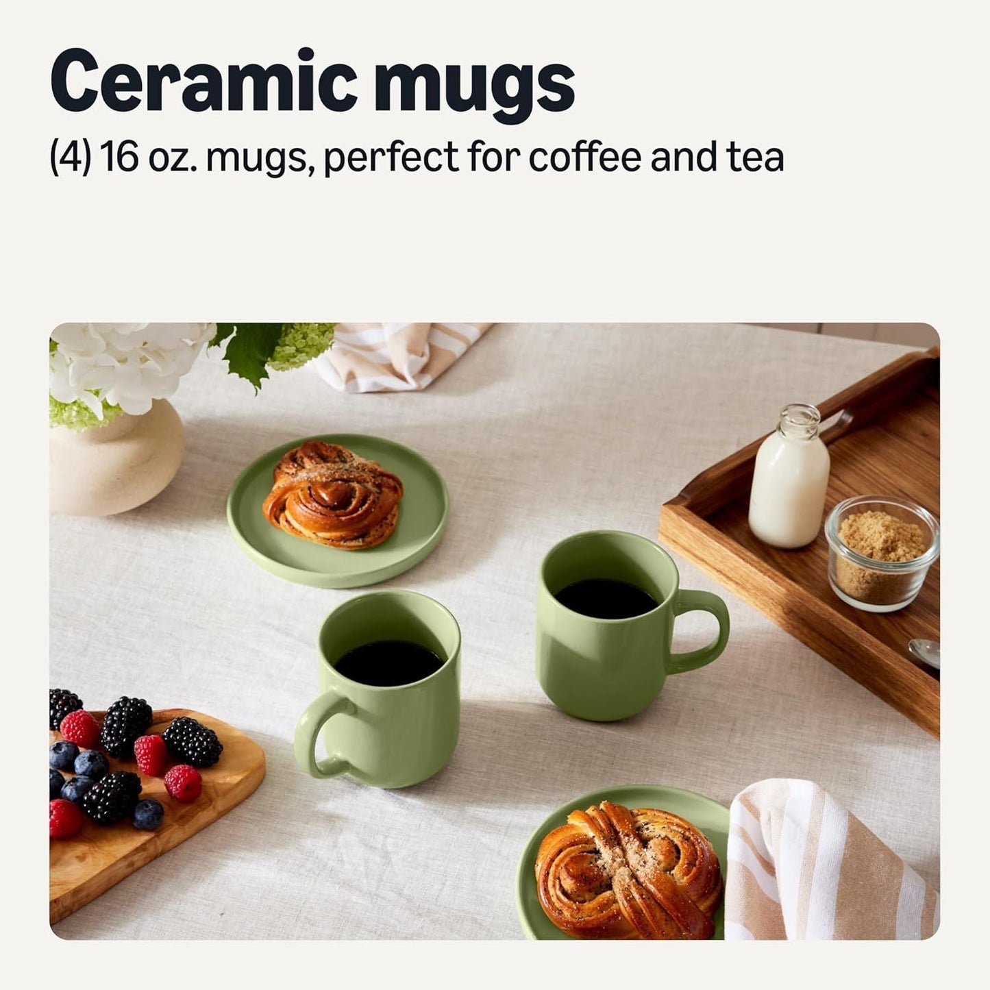 Basics Glazed Stoneware Coffee Mugs, Ceramic 4-Piece Set, 16 oz, Microwave and Dishwasher-Safe, Olive