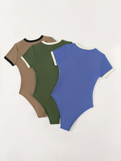 Letter Print Bodysuit 3 Pack, Casual Crew Neck Short Sleeve Bodysuit, Women's Clothing