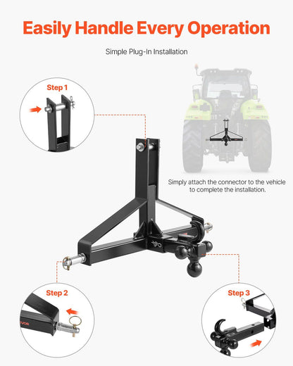 VEVOR 3 Point Trailer Hitch with 2 in Receiver, 3pt Quick Hitch Attachment, Heavy Duty Tractor Tow Drawbar Adapter, Compatible with Kubota, Mahindra, Ford, Yanmar, John Deere, Massey Ferguson