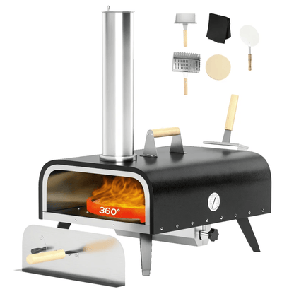 12-inch Automatic Rotating Pizza Oven with Built-in Thermometer-Portable Wood-Fired Pizza Oven, Outdoor Kitchen Authentic Stone-Baked Pizza, Independent Carbon Grill, Wheel-equipped Pizza