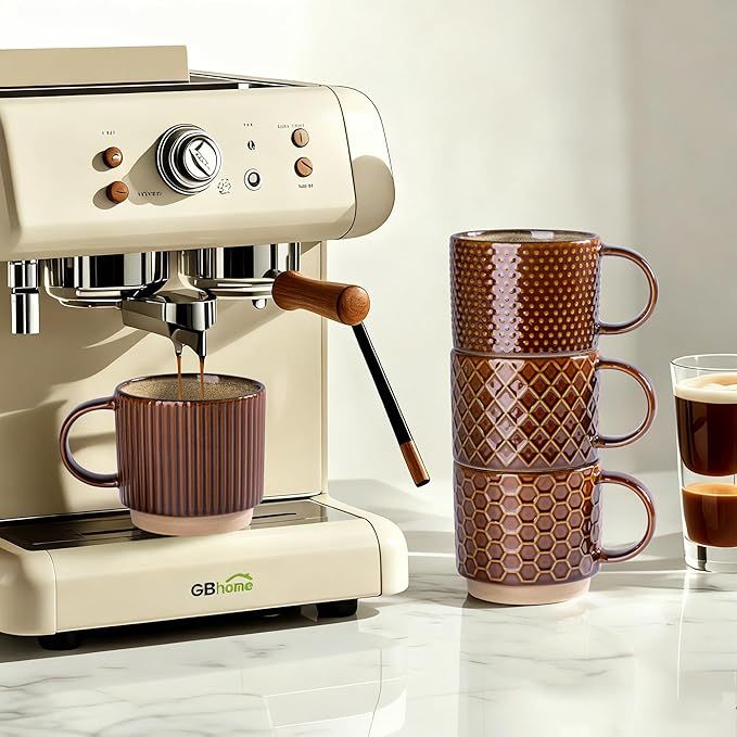 12 OZ Stackable Coffee Mugs, Ceramic Coffee Cups with Texture Patterns for Man,Woman,Dad,Mom, Modern Mugs Set of 4 for Latte/Cappuccino/Cocoa. Dishwasher&Microwave Safe