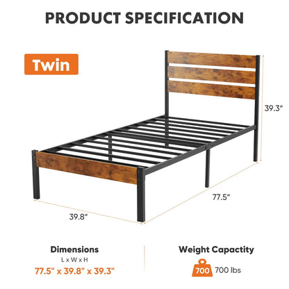 Metal Platform Bed Frame - Mattress Foundation with Headboard and and Footboard, No Box Spring Needed with 800LBS Sturdy Wooden Slats Support