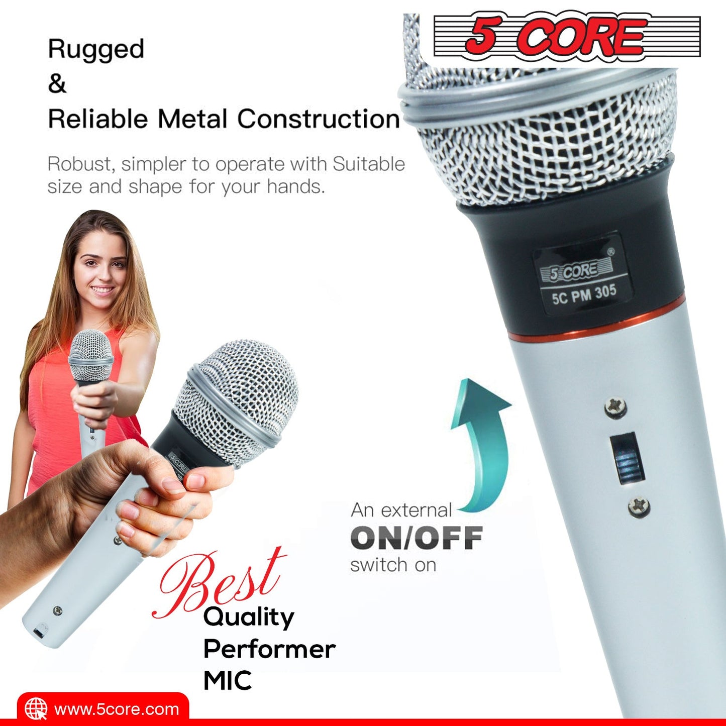 5 Core Microphone Wired Dynamic Vocal Handheld Mic Cardioid Karaoke Unidirectional Microfono w On and Off Switch Includes XLR Audio Cable for Singing, Public Speaking & Parties PM 305