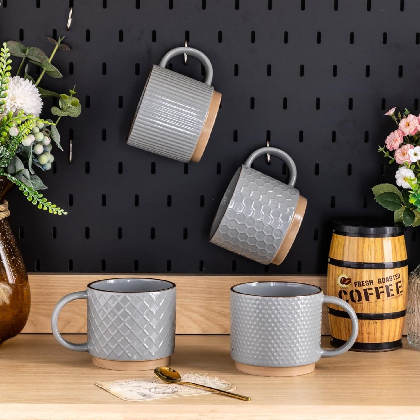 12OZ Stackable Coffee Mugs, Ceramic Coffee Mugs with Texture Patterns for Man,Woman,Dad,Mom, Modern Coffee Cups Set of 4 for Latte/Cappuccino/Cocoa. Dishwasher&Microwave Safe, Gray