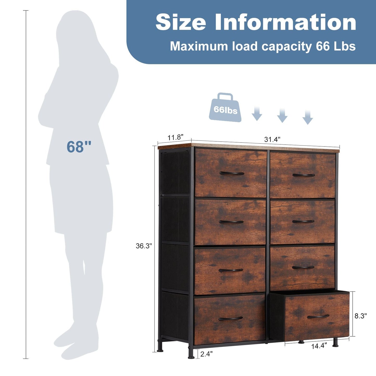 Dresser for Bedroom with 8 Drawers Tall Dresser & Chest of Drawers Fabric Dresser with Wood Top and Sturdy Steel Frame