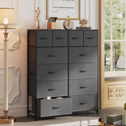 Tall Dresser for Bedroom with 12 Drawers, Dressers & Chests of Drawers, Fabric Dresser for Closet, Living Room, Storage Dressers with Storage Drawers, Steel Frame, Wood Top