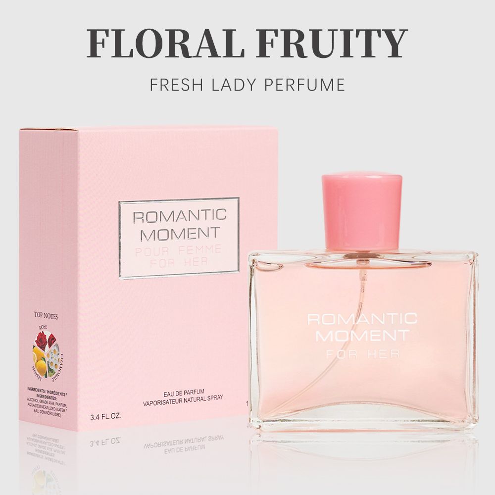 3.4fl Oz Women's Eau De Parfum - ROMANTIC MOMENT - Floral & Woody - With Rose, Chamomile, and Lemon - Medium Intensity Perfume