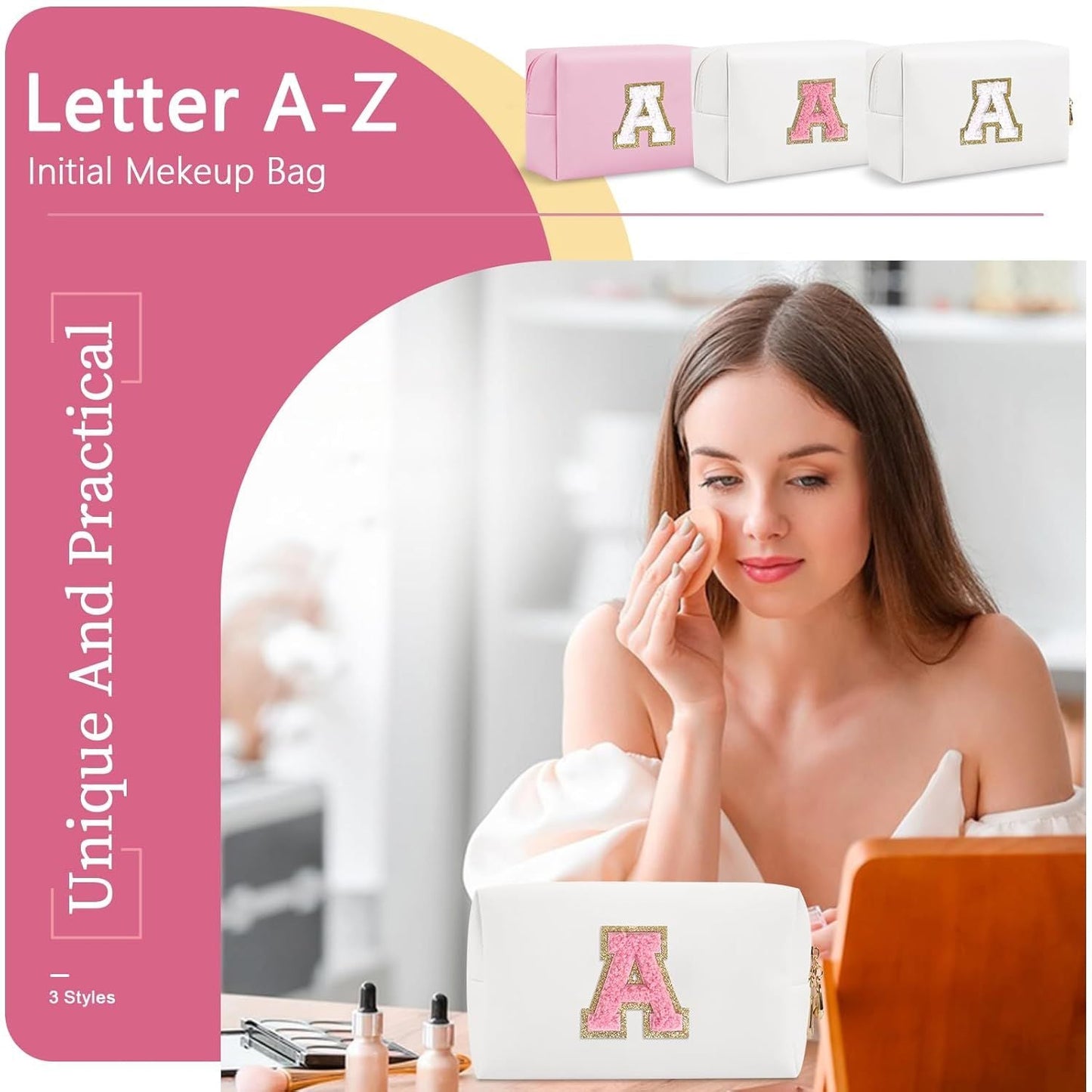 Personalized Makeup Bag Initial A-Z Preppy Patch Bag,Small PU Leather Travel Cosmetic Bag Pouch with Zipper,White Cute Toiletry Bag,Gift Ideal for Teen Girls Women Birthday Friend Mom,Letter A