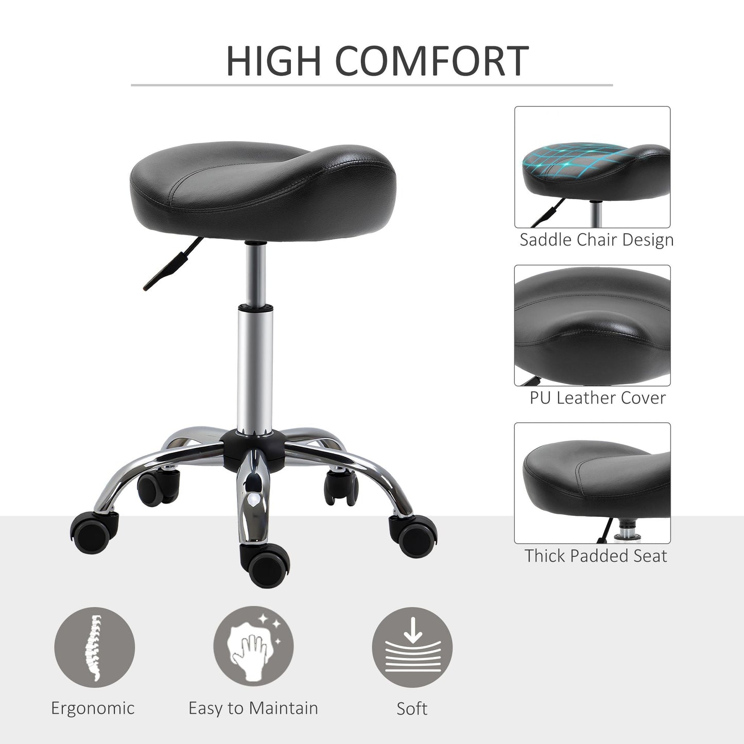Saddle Stool Height Adjustable Rolling Salon Chair PU Leather Black for Massage Spa Clinic Beauty Tattoo